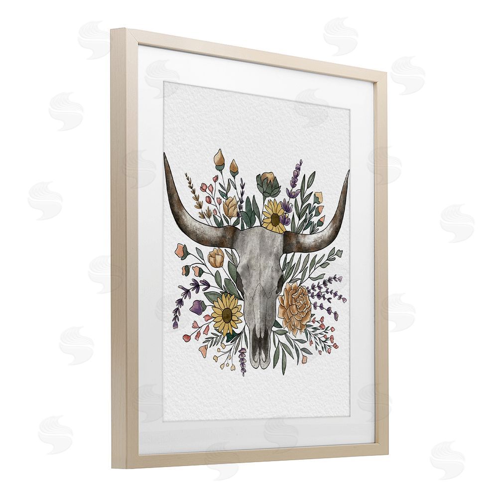Alisha Kiara Design Boho Wildflower Longhorn Brown Framed Print Under Glass Wall Art