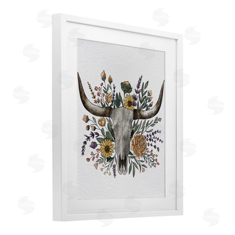 Alisha Kiara Design Boho Wildflower Longhorn White Framed Print Under Glass Wall Art