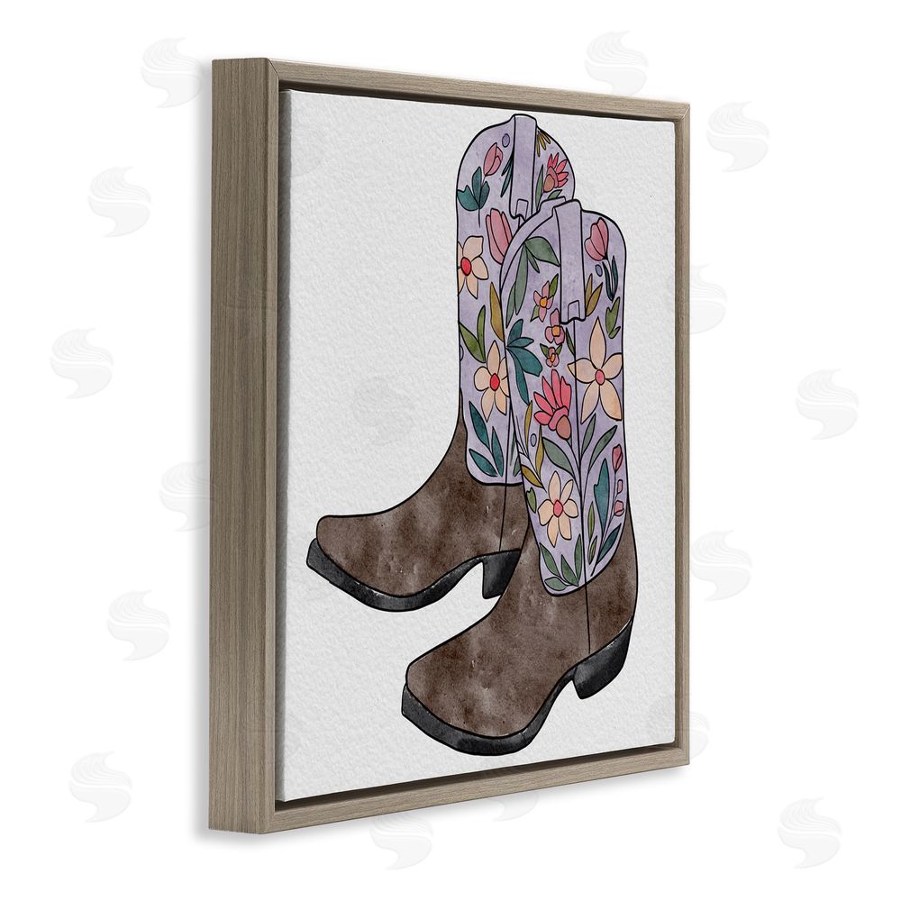 Alisha Kiara Design Wildflower Cowboy Boots Brown Floating Frame Canvas Wall Art Print