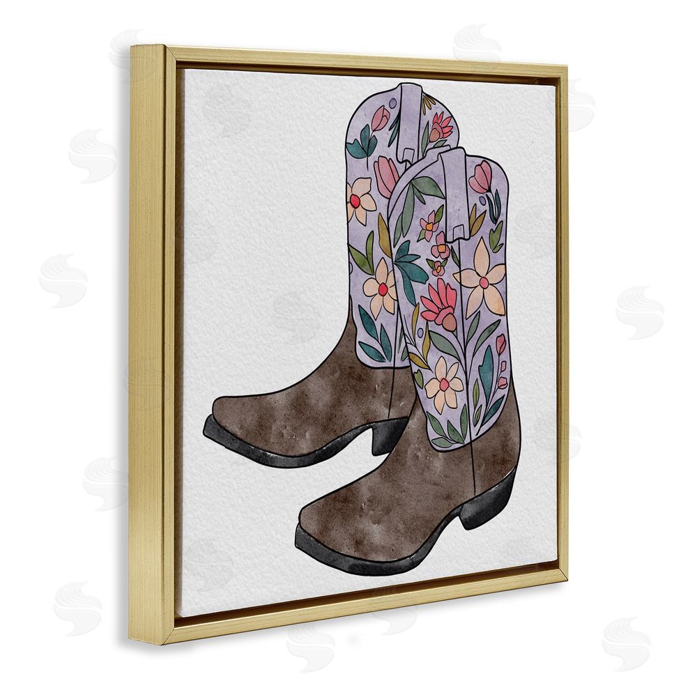 Alisha Kiara Design Wildflower Cowboy Boots Gold Floating Frame Canvas Wall Art Print