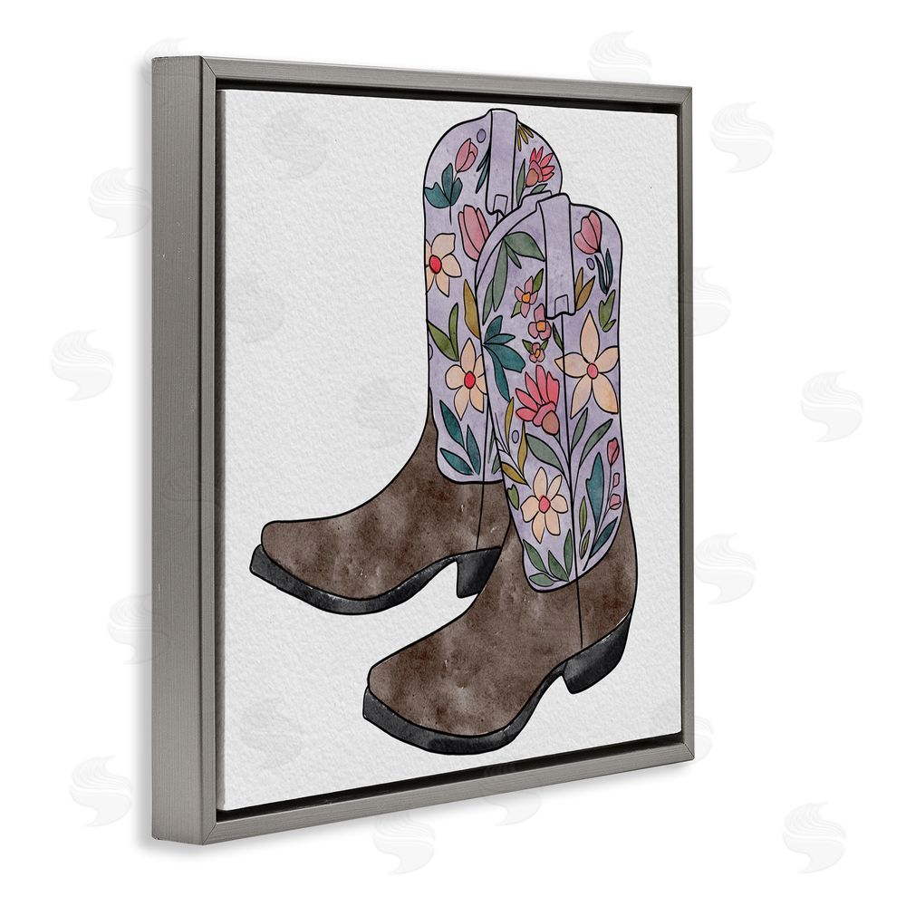 Alisha Kiara Design Wildflower Cowboy Boots Gray Floating Frame Canvas Wall Art Print