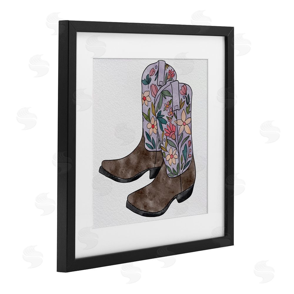 Alisha Kiara Design Wildflower Cowboy Boots Black Framed Print Under Glass with White Mat Wall Art