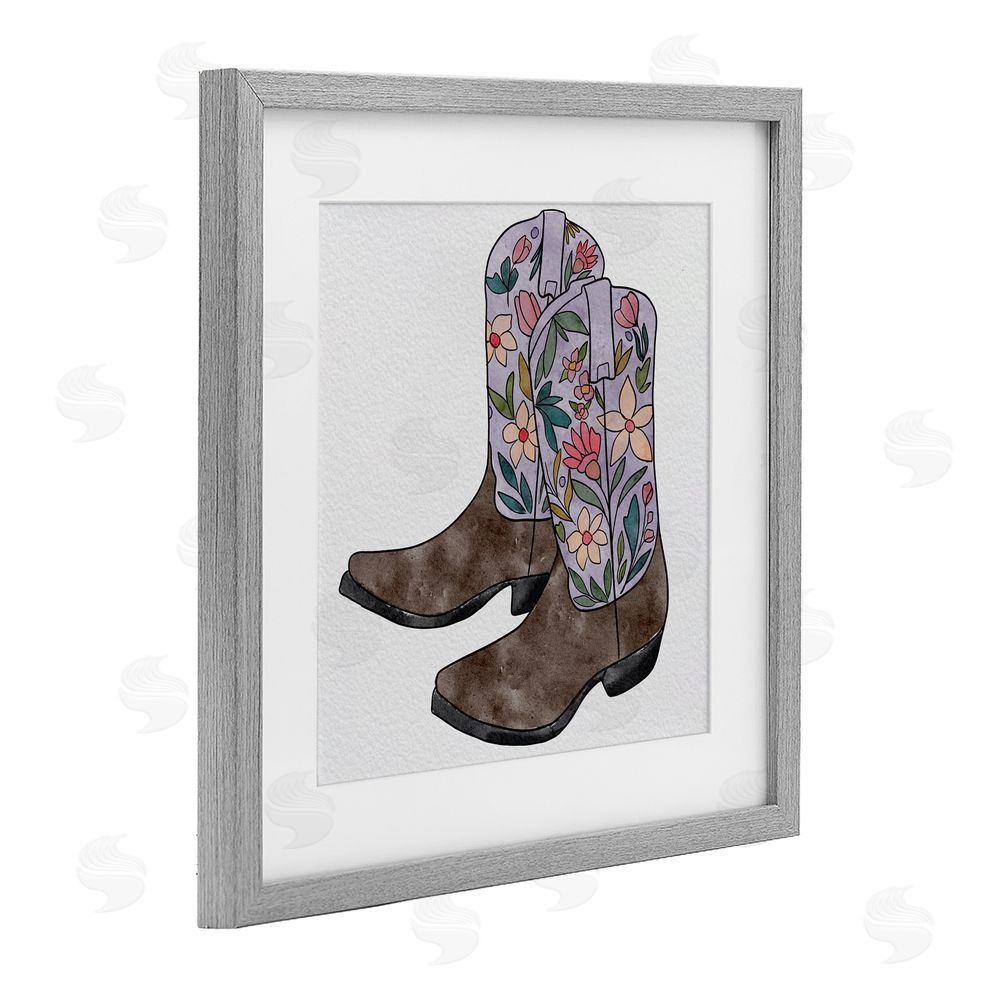 Alisha Kiara Design Wildflower Cowboy Boots Gray Framed Print Under Glass with White Mat Wall Art