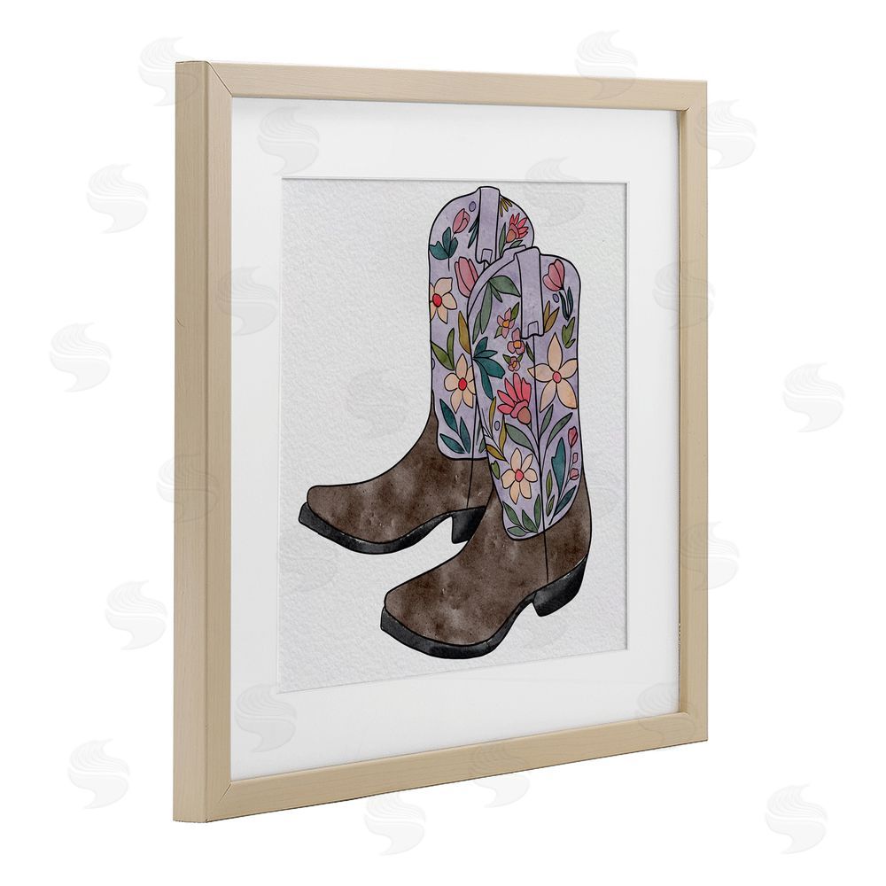Alisha Kiara Design Wildflower Cowboy Boots Birch Framed Print Under Glass with White Mat Wall Art