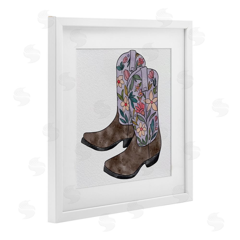 Alisha Kiara Design Wildflower Cowboy Boots White Framed Print Under Glass with Mat Wall Art