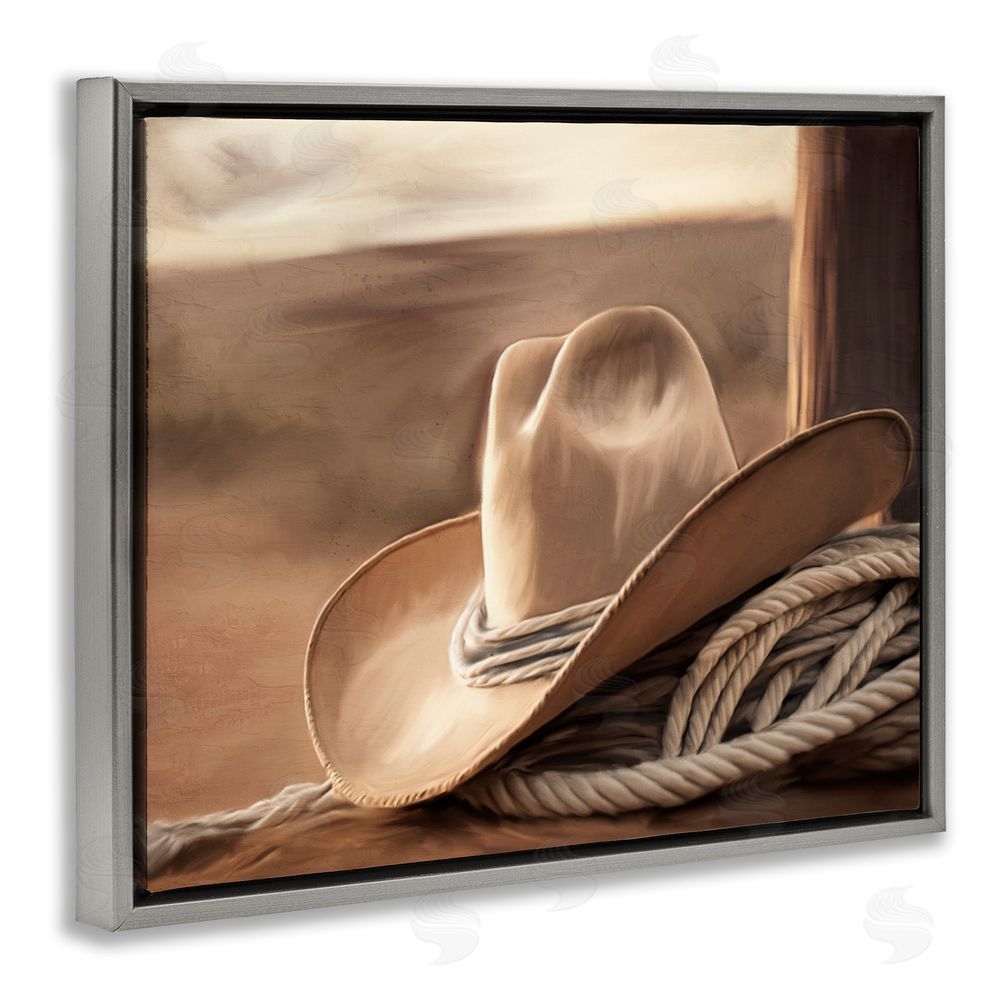 Kim Allen White Cowboy Hat Gray Floating Frame Canvas Wall Art Print