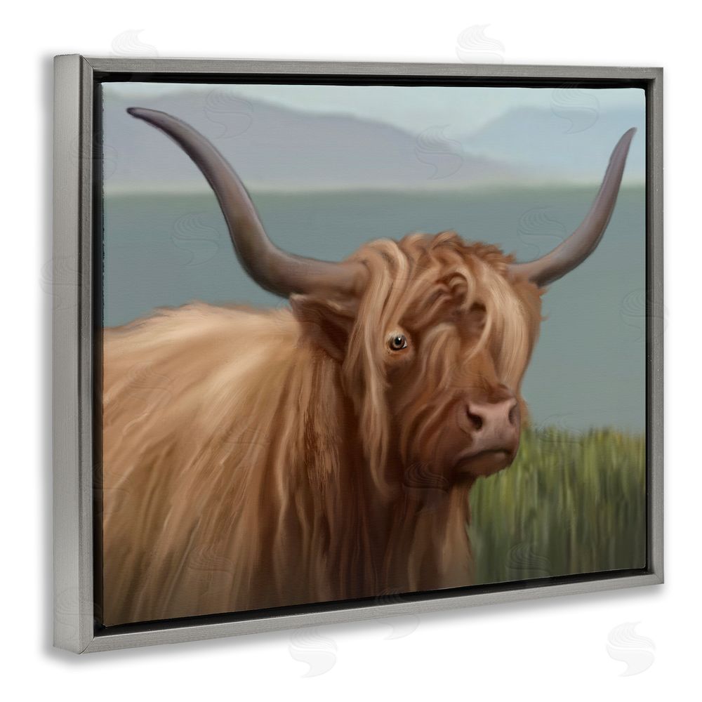Matthew Piotrowicz Scottish Highland Cattle Landscape Gray Floating Frame Canvas Wall Art Print