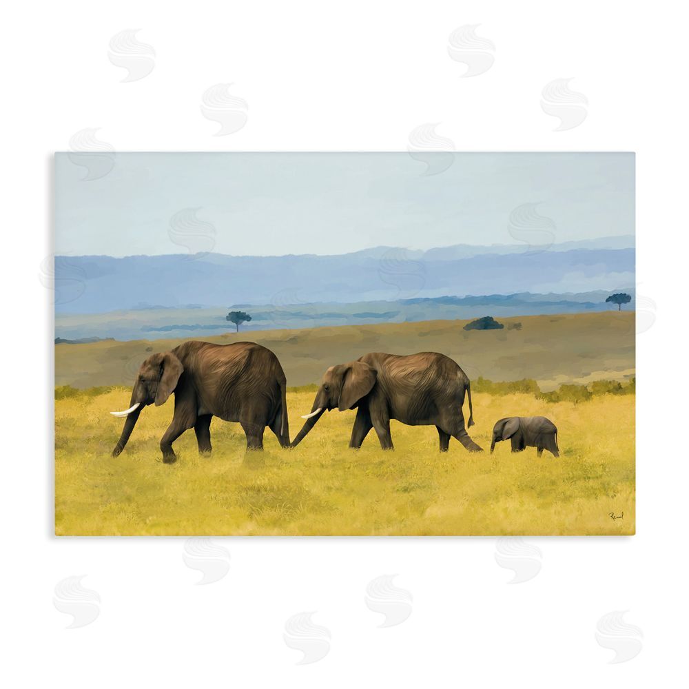 Renel Peters Elephants In The Grassland Stretched Canvas Wall Art Print