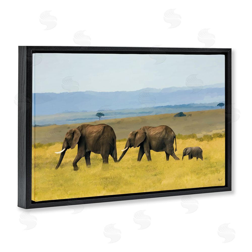 Renel Peters Elephants In The Grassland Black Floating Frame Canvas Wall Art Print