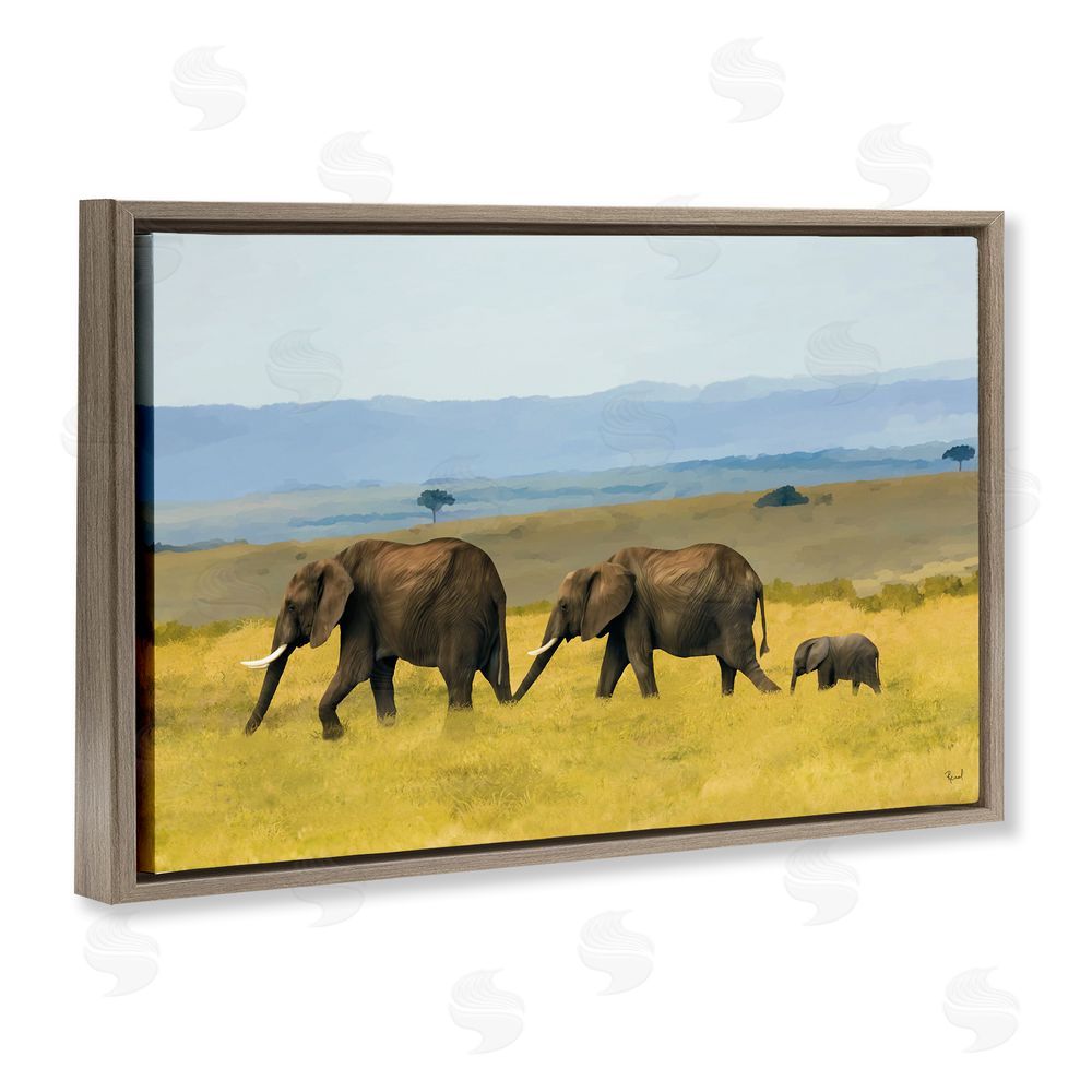 Renel Peters Elephants In The Grassland Brown Floating Frame Canvas Wall Art Print