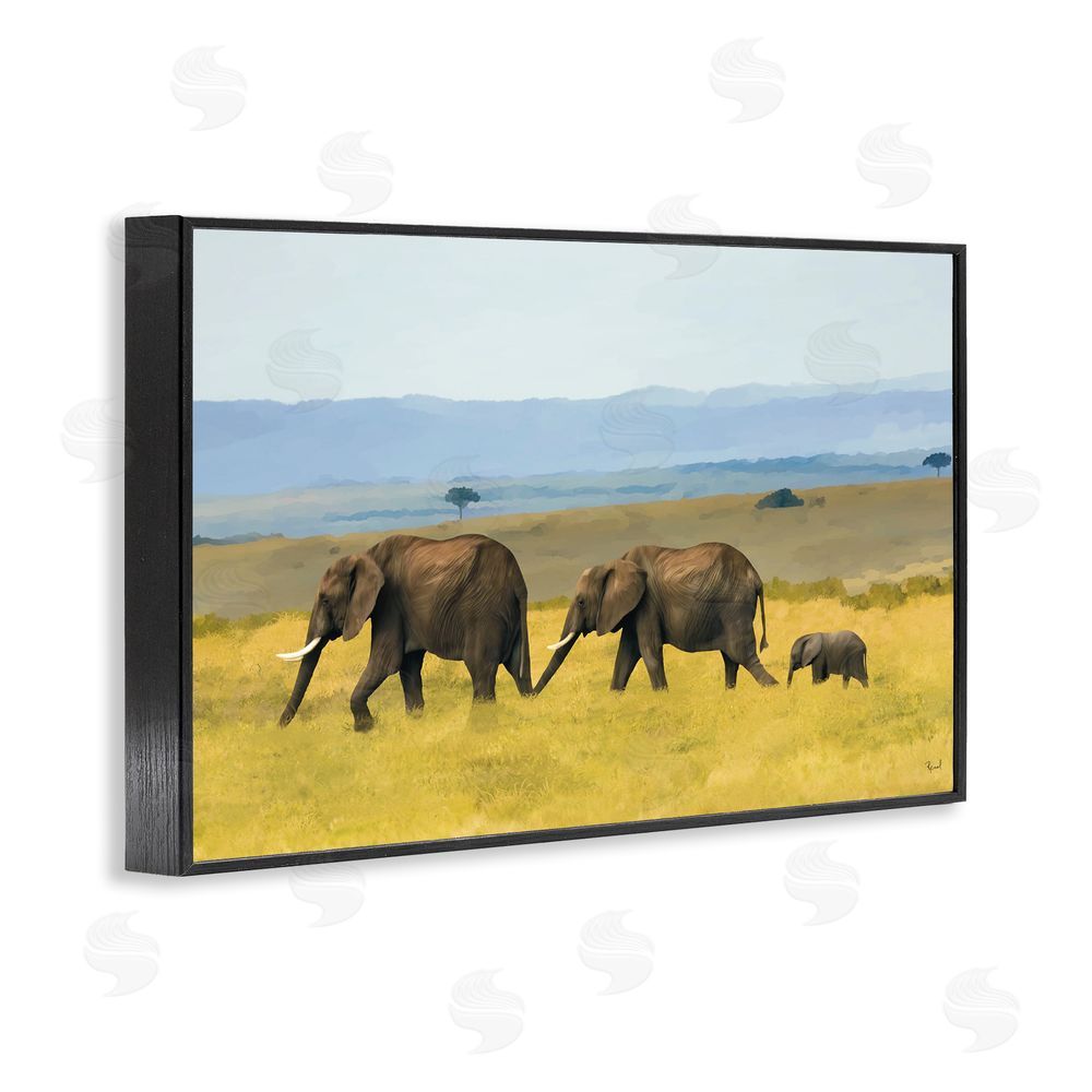 Renel Peters Elephants In The Grassland Black Framed Giclee Wall Art Print