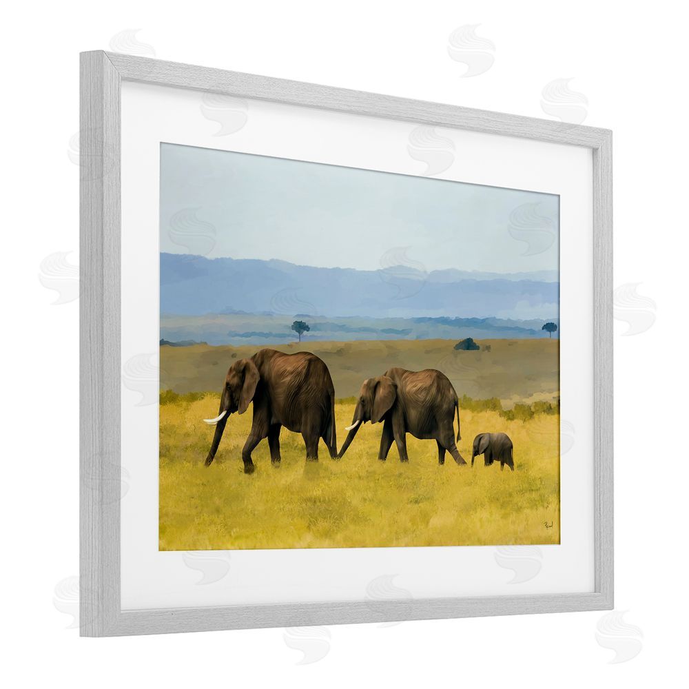 Renel Peters Elephants In The Grassland Gray Framed Print Under Glass Wall Art