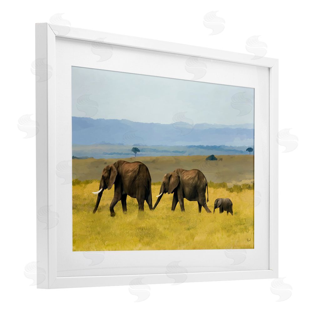 Renel Peters Elephants In The Grassland White Framed Print Under Glass Wall Art