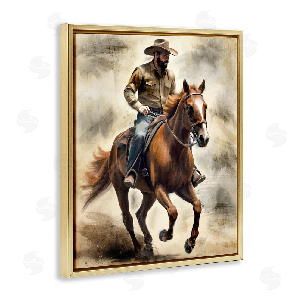 Kim Allen Gallop Horse & Cowboy Gold Floating Frame Canvas Wall Art Print