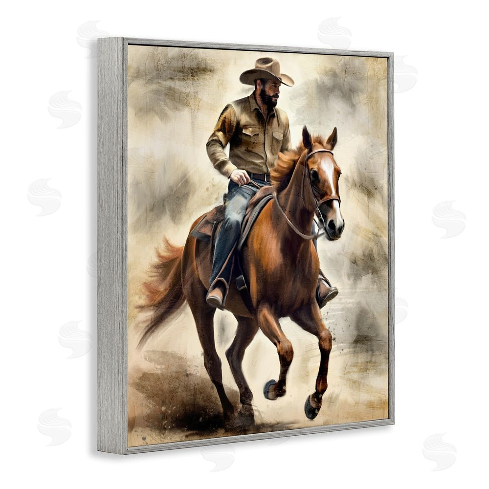 Kim Allen Gallop Horse & Cowboy Gray Framed Giclee Wall Art Print