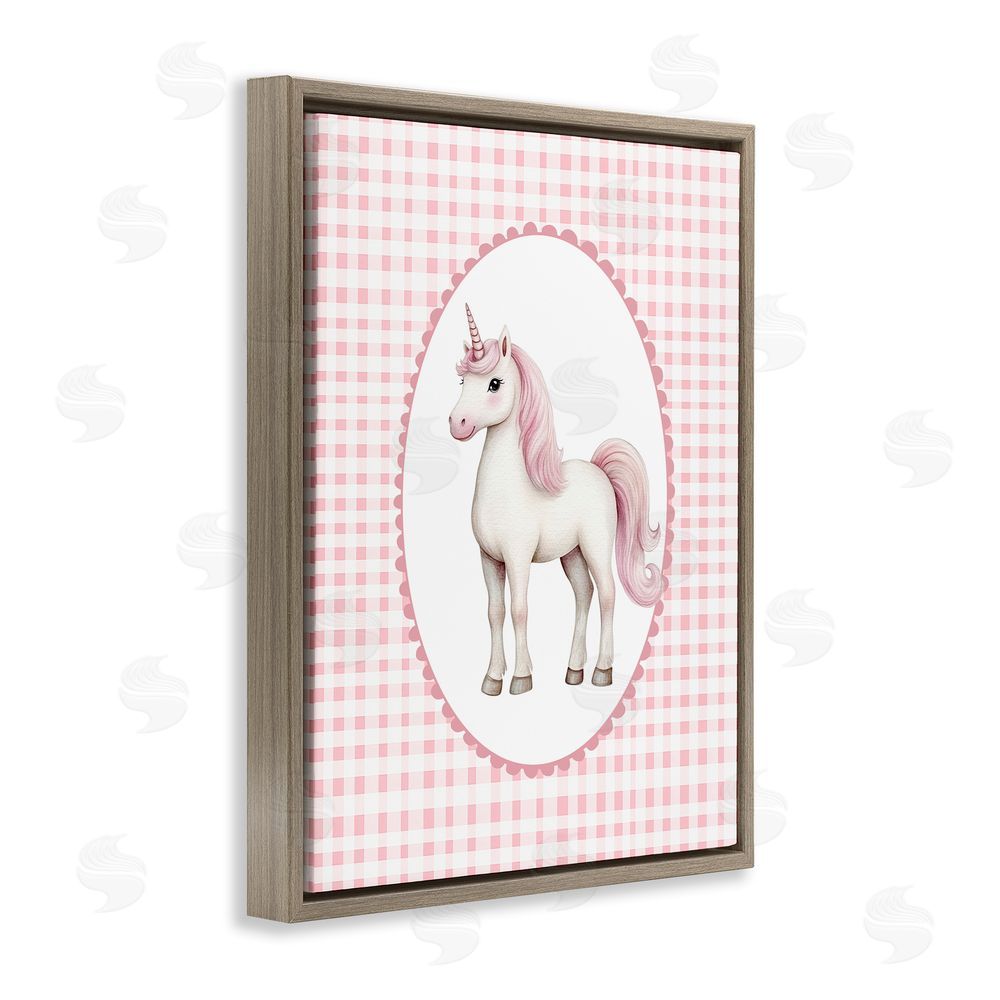 Christine Simpson Art Pink Gingham Unicorn Brown Floating Frame Canvas Wall Art Print