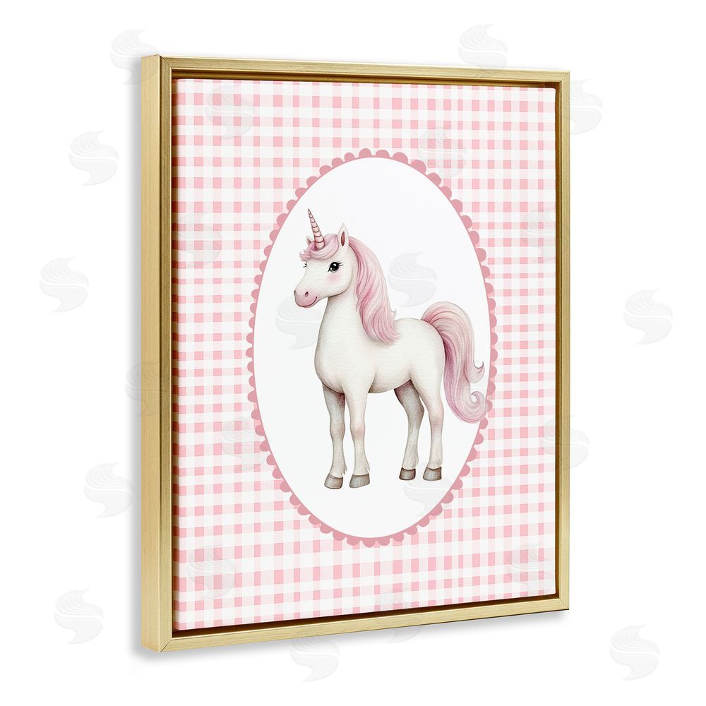 Christine Simpson Art Pink Gingham Unicorn Gold Floating Frame Canvas Wall Art Print