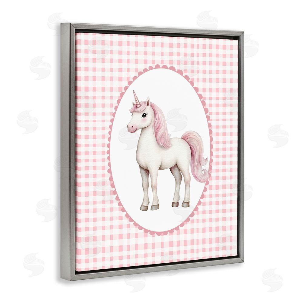 Christine Simpson Art Pink Gingham Unicorn Gray Floating Frame Canvas Wall Art Print
