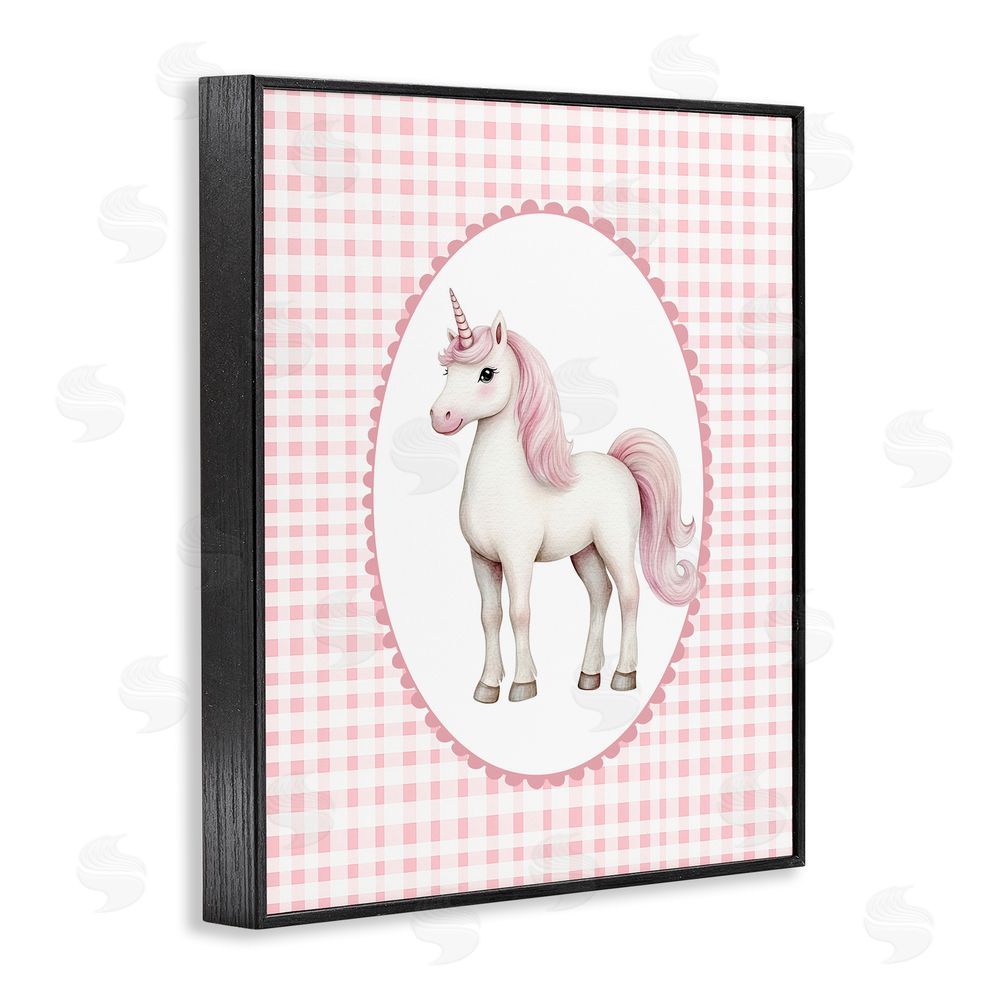 Christine Simpson Art Pink Gingham Unicorn Black Framed Giclee Wall Art Print