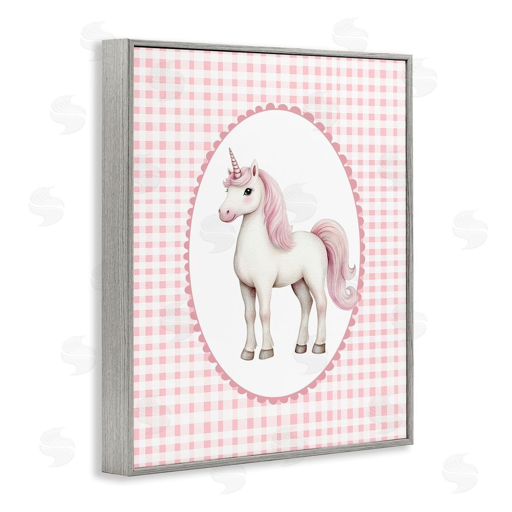 Christine Simpson Art Pink Gingham Unicorn Gray Framed Giclee Wall Art Print