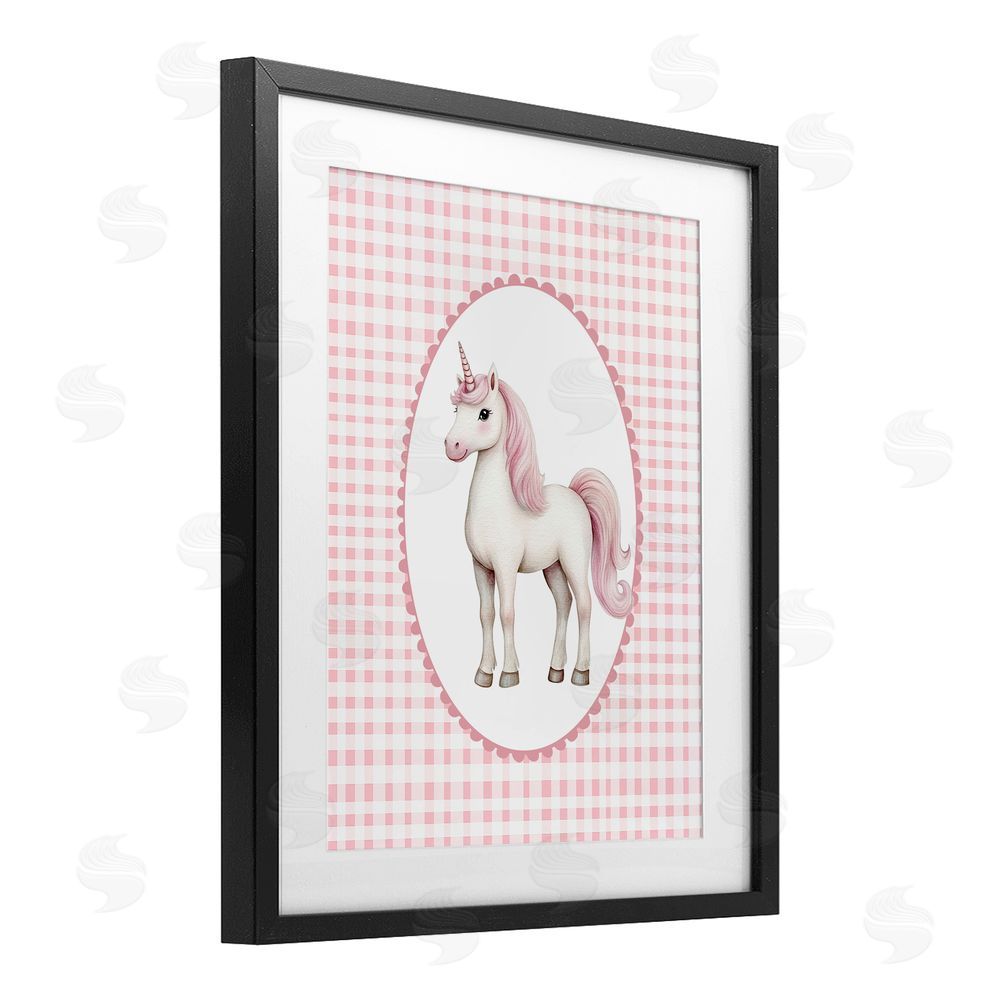Christine Simpson Art Pink Gingham Unicorn Black Framed Print Under Glass Wall Art
