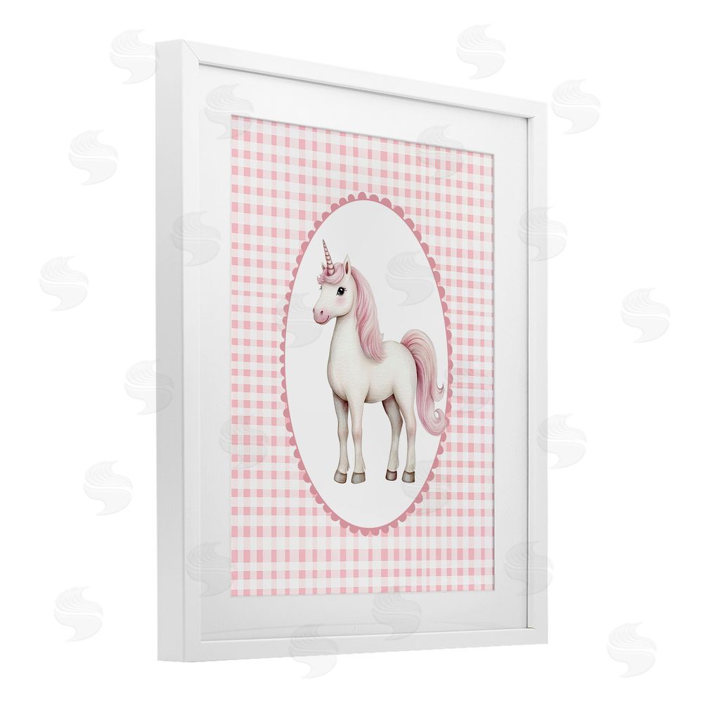 Christine Simpson Art Pink Gingham Unicorn White Framed Print Under Glass Wall Art