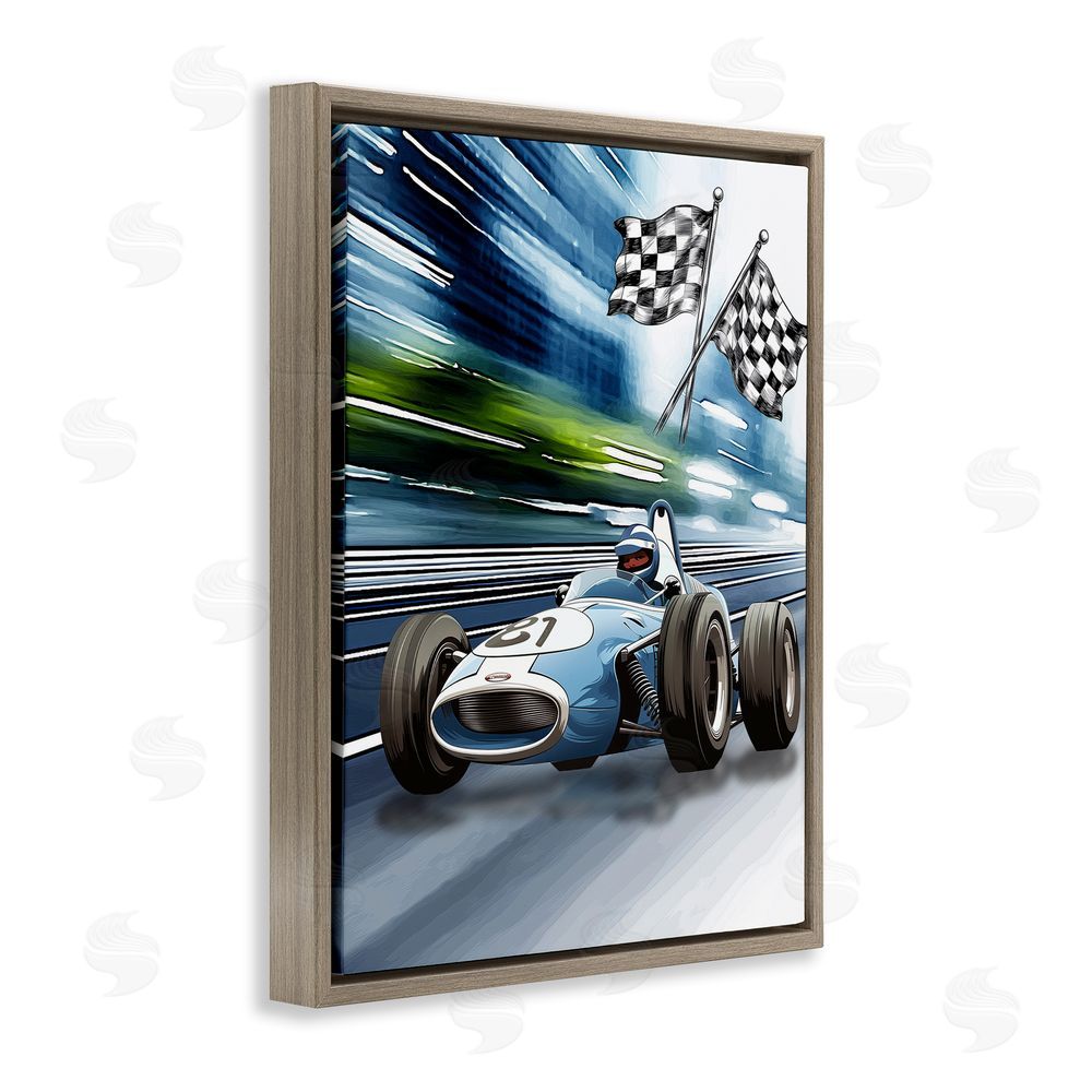 Christine Simpson Art Speedy Racecar with Flags Brown Floating Frame Canvas Wall Art Print