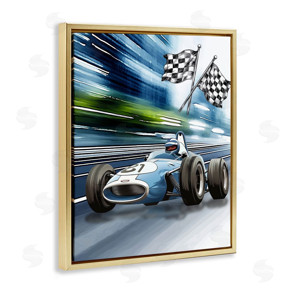 Christine Simpson Art Speedy Racecar with Flags Gold Floating Frame Canvas Wall Art Print
