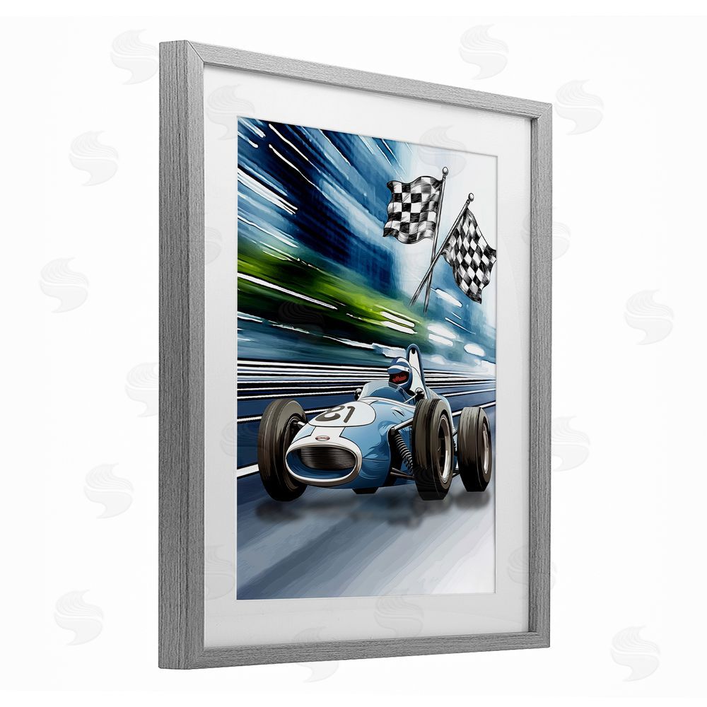 Christine Simpson Art Speedy Racecar with Flags Gray Framed Print Under Glass Wall Art