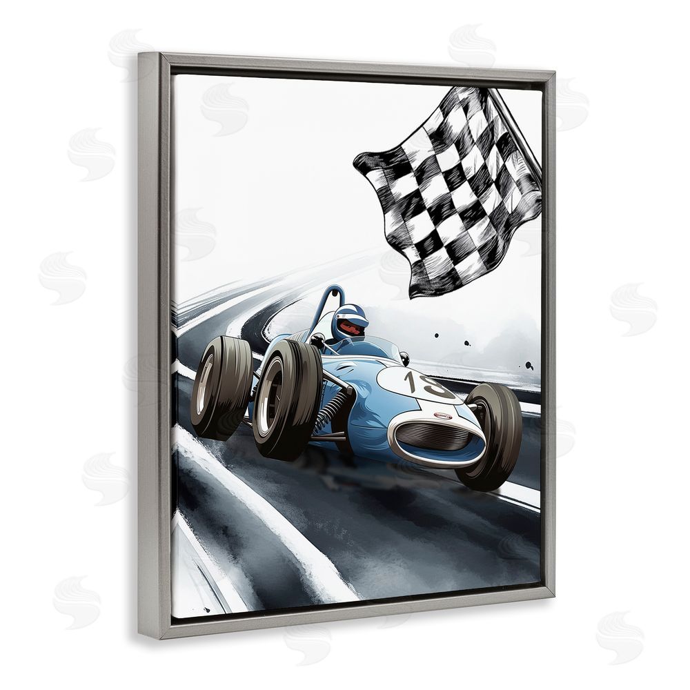 Christine Simpson Art Dynamic Racecar Driving Gray Floating Frame Canvas Wall Art Print