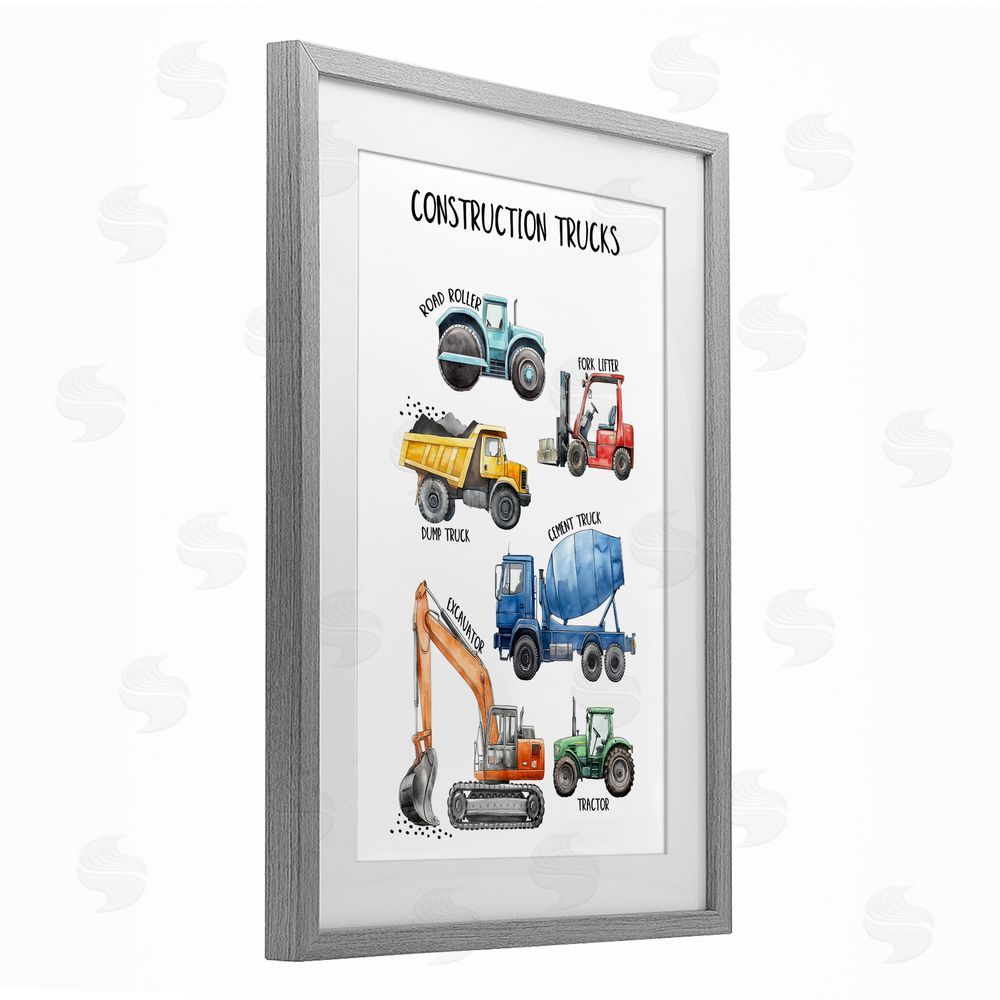 Christine Simpson Art Utility Trucks Construction Gray Framed Print Under Glass Wall Art
