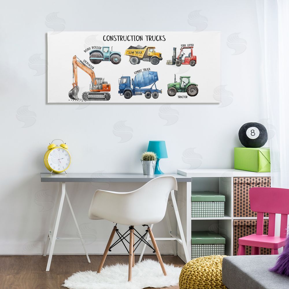 Christine Simpson Art Industrial Construction Trucks Stretched Canvas Wall Art in Room