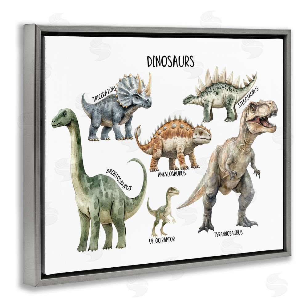 Christine Simpson Art Meet The Dinosaurs Gray Floating Frame Canvas Wall Art Print