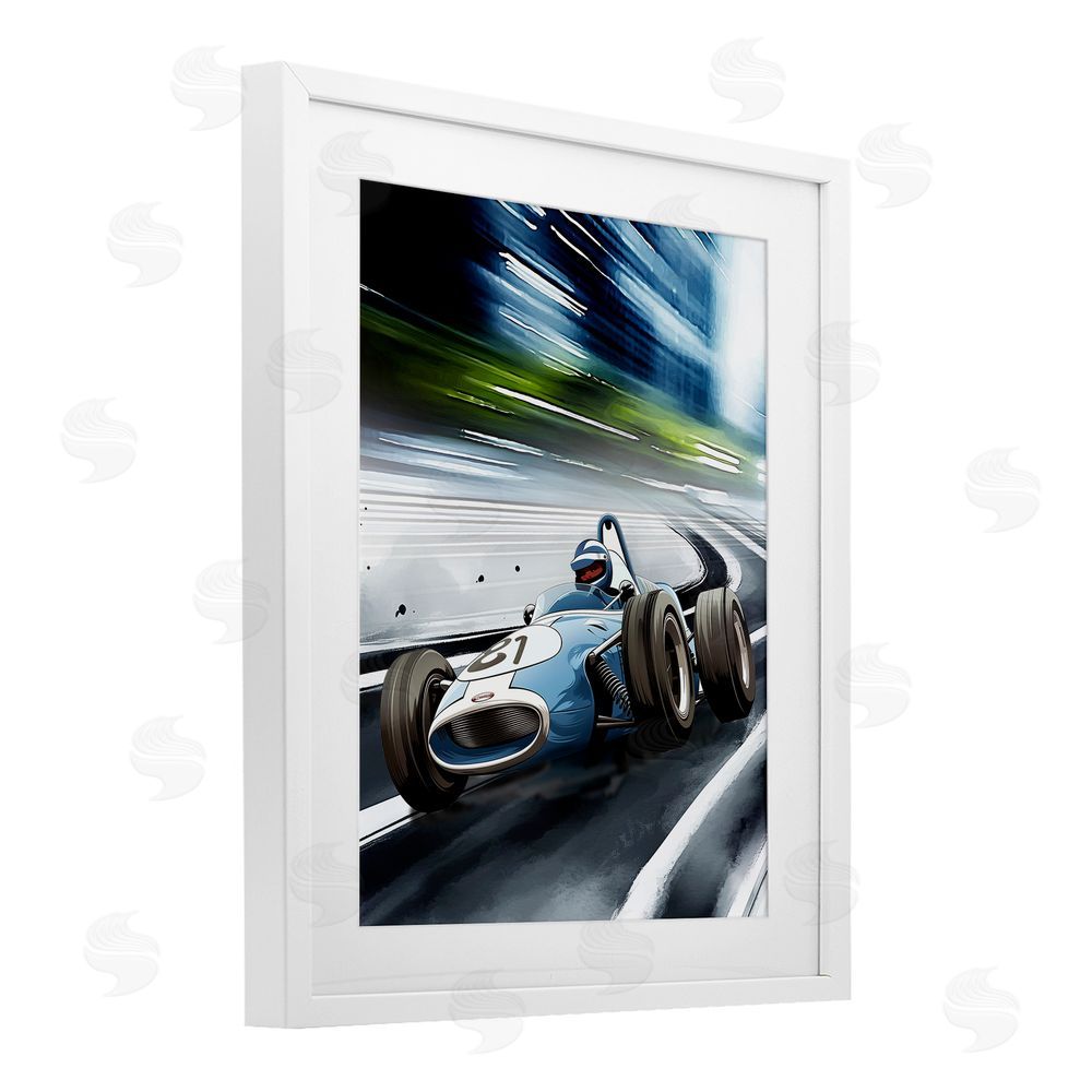 Christine Simpson Art Speeding Racecar Driver White Framed Print Under Glass Wall Art