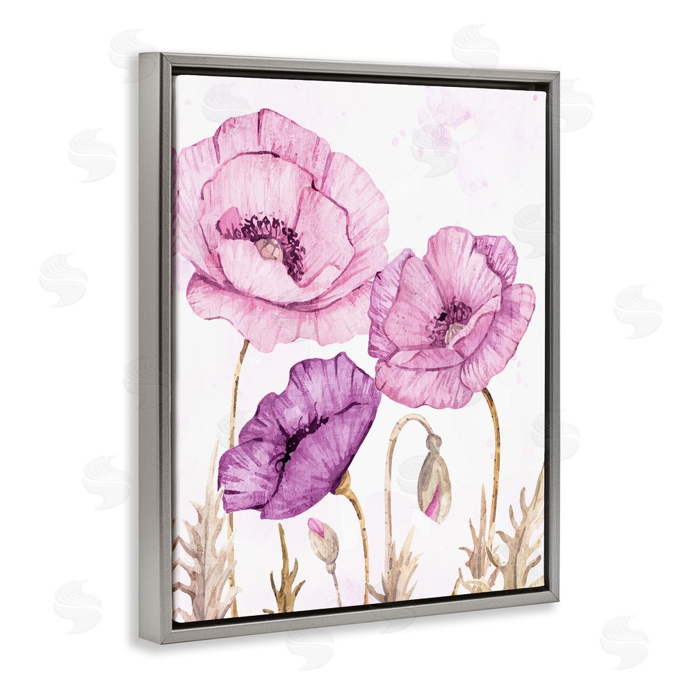 Kim Allen Bright Purple Poppies Gray Floating Frame Canvas Wall Art Print