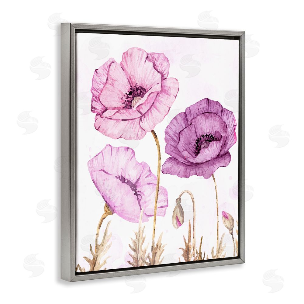 Kim Allen Bright Poppies in Purple Gray Floating Frame Canvas Wall Art Print