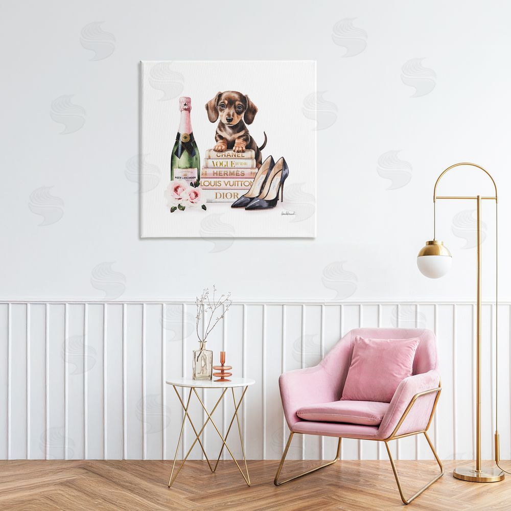 Amanda Greenwood Luxury Books & Puppy Stretched Canvas Wall Art in Room