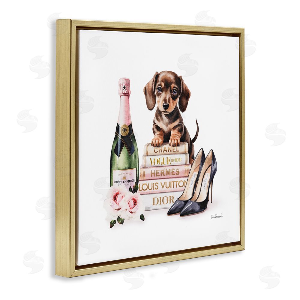 Amanda Greenwood Luxury Books & Puppy Gold Floating Frame Canvas Wall Art Print