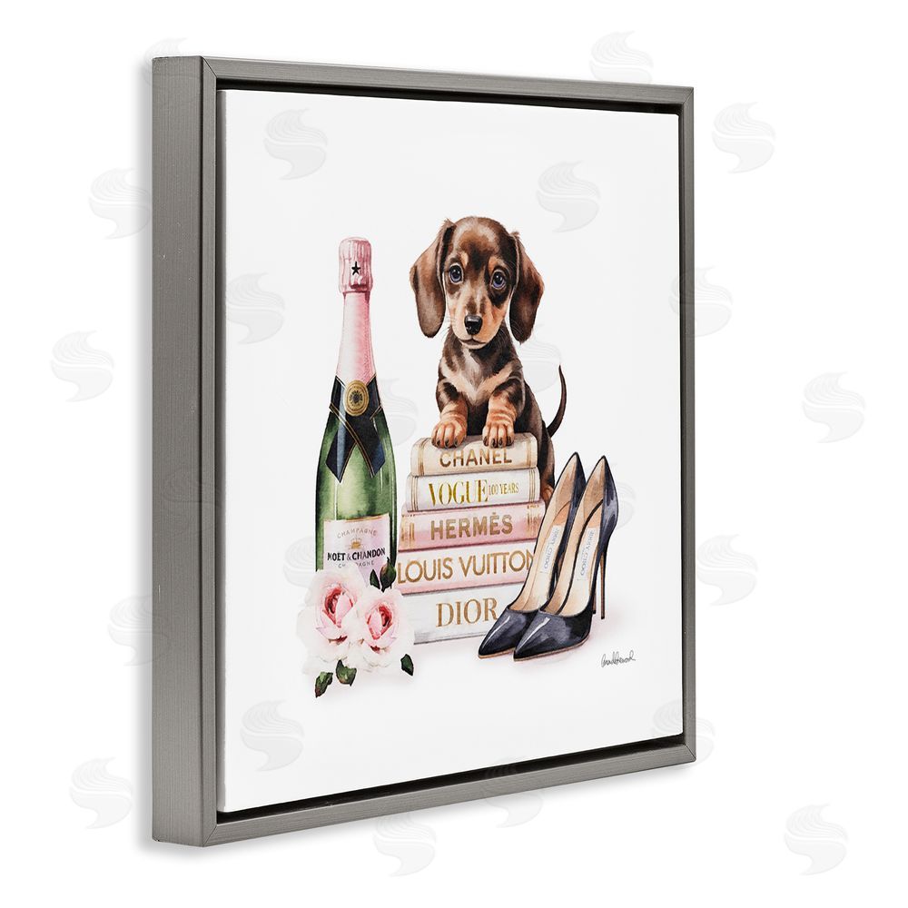 Amanda Greenwood Luxury Books & Puppy Gray Floating Frame Canvas Wall Art Print