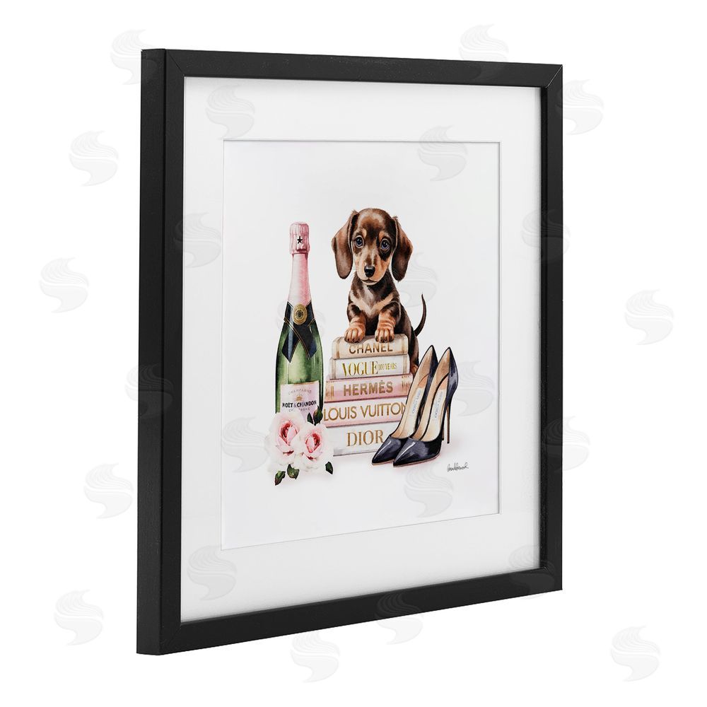 Amanda Greenwood Luxury Books & Puppy Black Framed Print Under Glass Wall Art