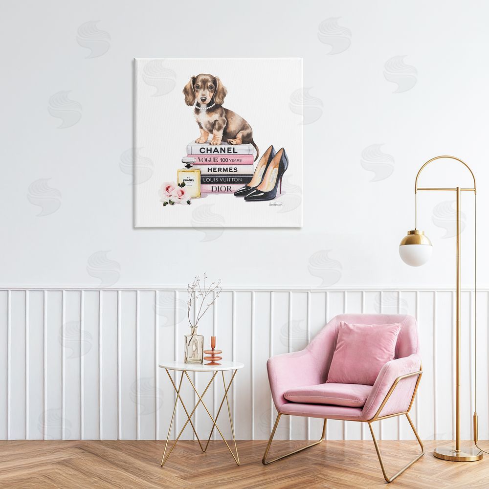 Amanda Greenwood Luxury Fashion Books & Dog Stretched Canvas Wall Art in Room