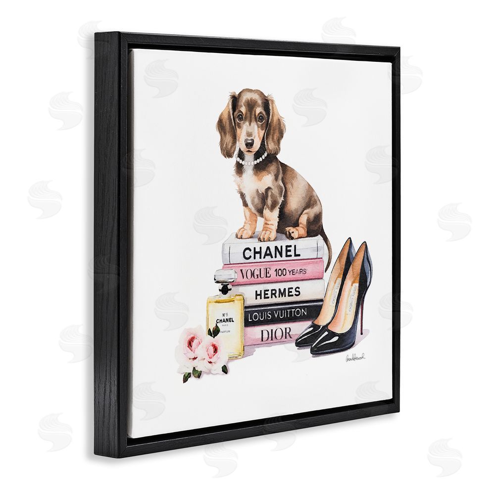 Amanda Greenwood Luxury Fashion Books & Dog Black Floating Frame Canvas Wall Art Print