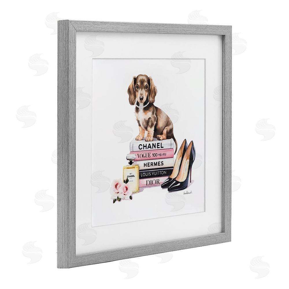 Amanda Greenwood Luxury Fashion Books & Dog Gray Framed Print Under Glass Wall Art