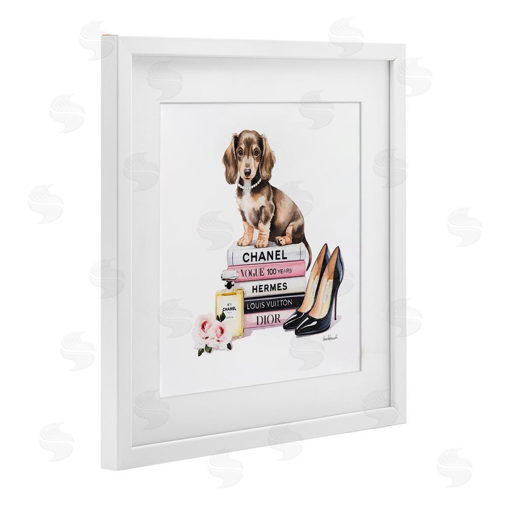 Amanda Greenwood Luxury Fashion Books & Dog White Framed Print Under Glass Wall Art