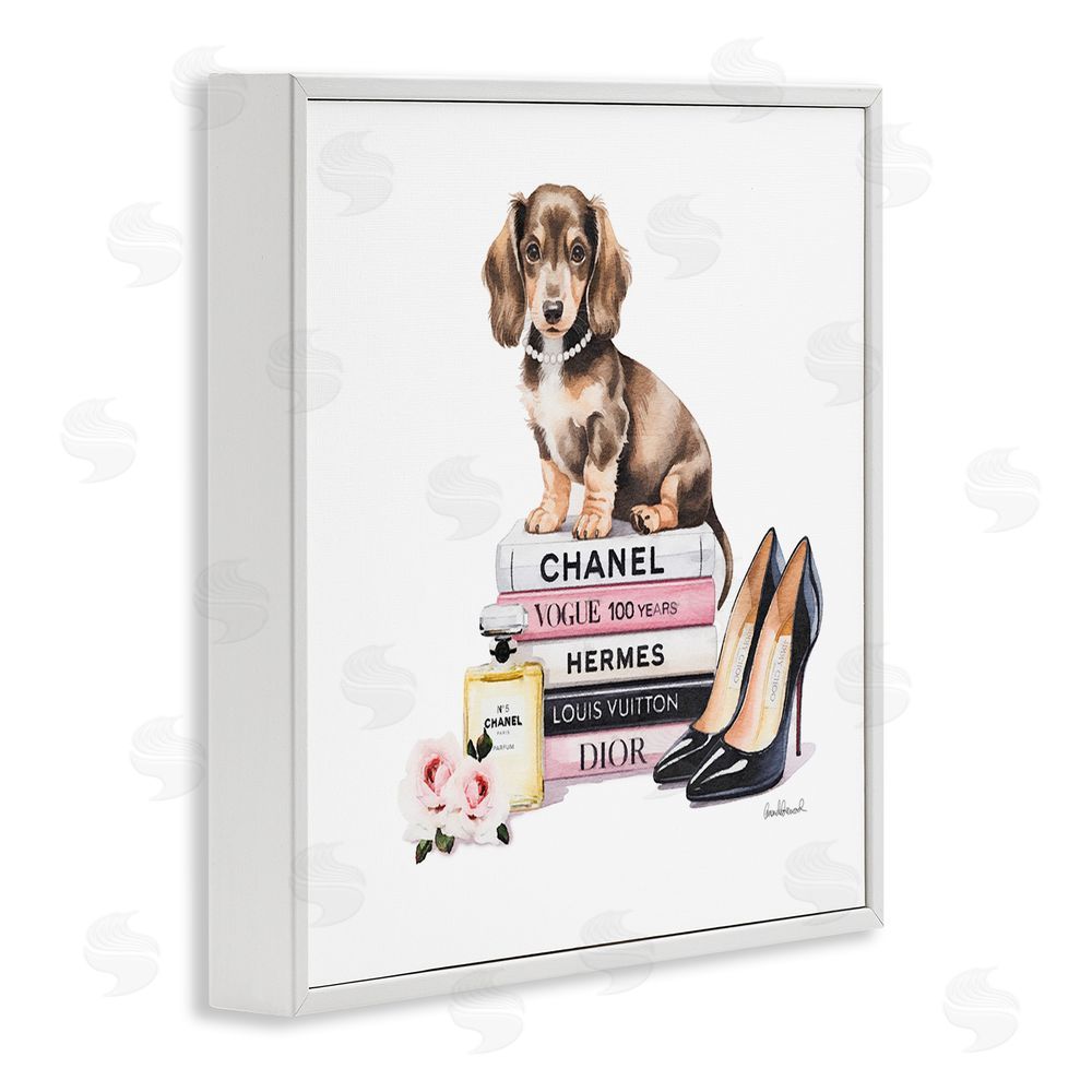 Amanda Greenwood Luxury Fashion Books & Dog White Framed Giclee Wall Art Print