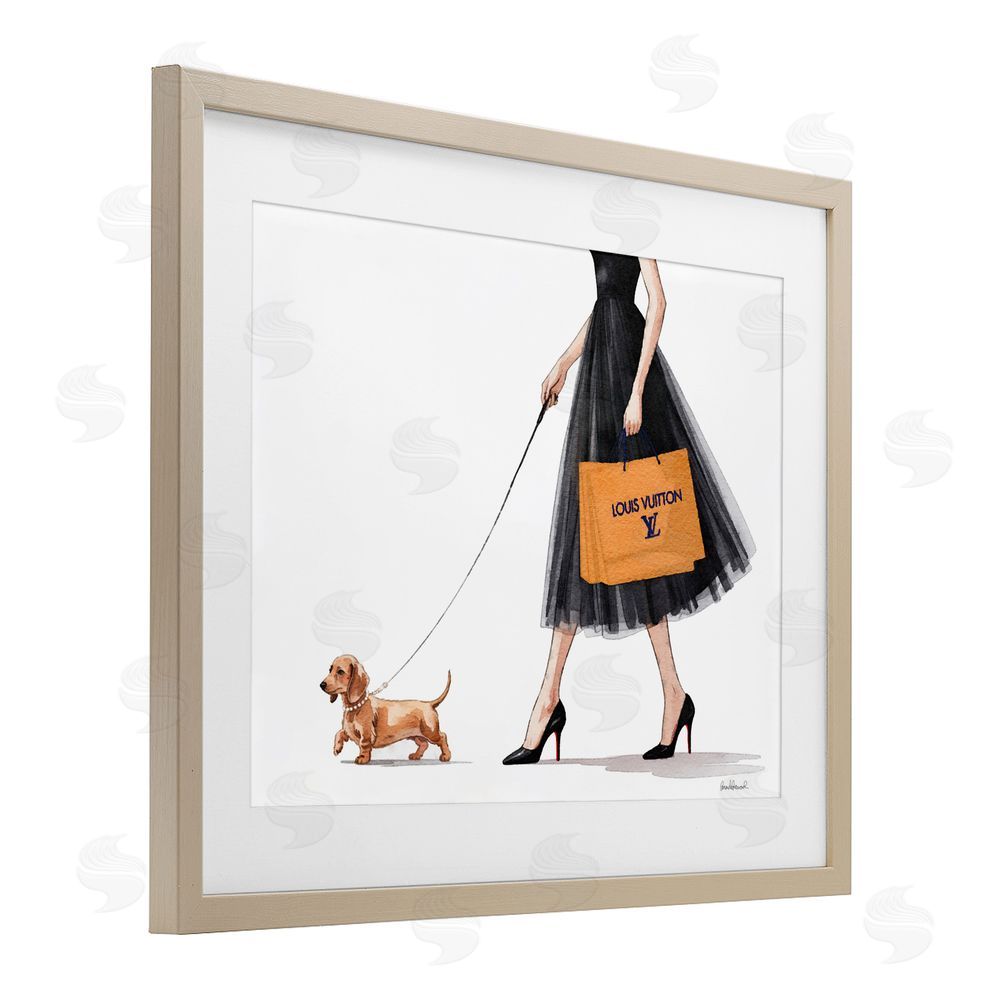 Amanda Greenwood Fashionable Dog Walking Brown Framed Print Under Glass Wall Art