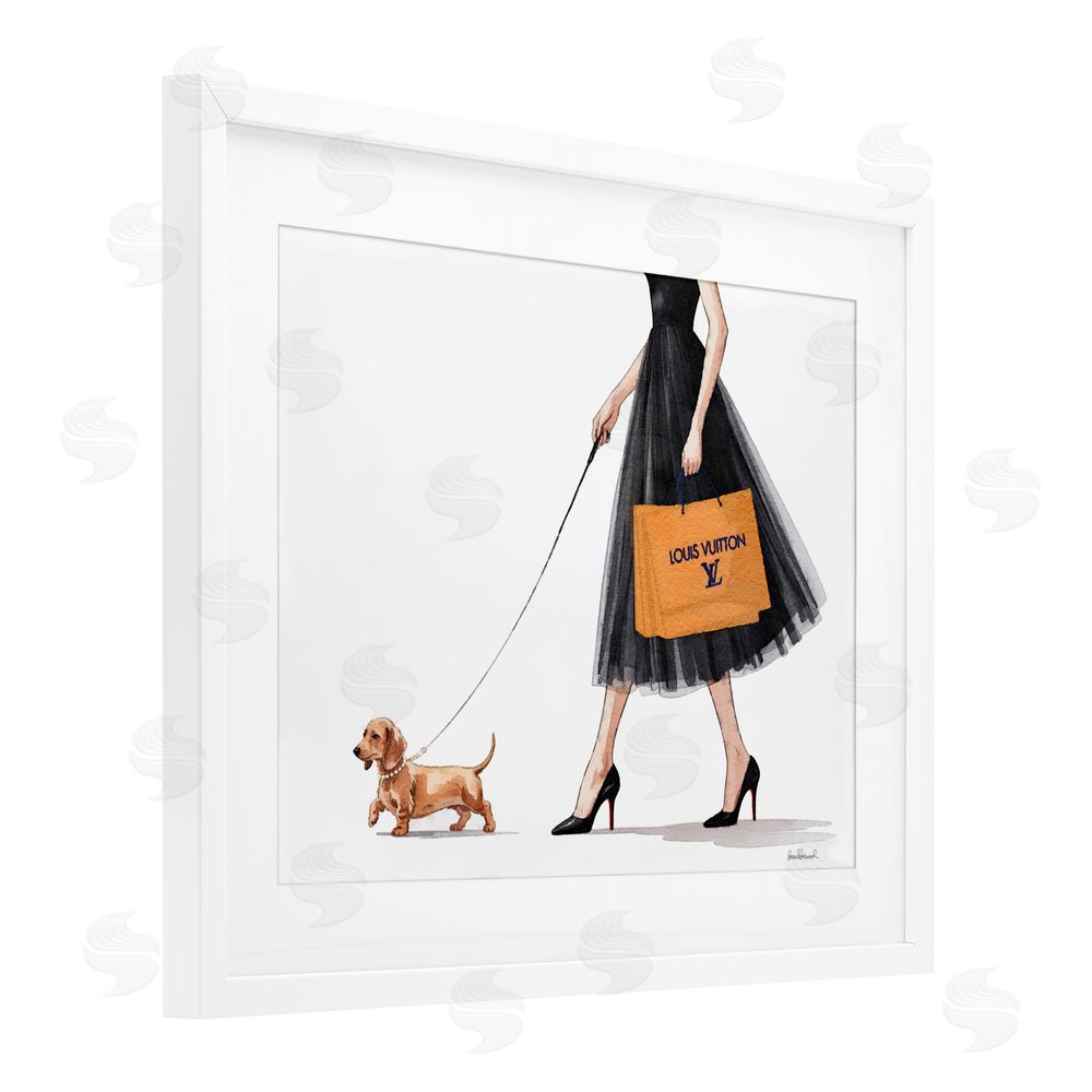 Amanda Greenwood Fashionable Dog Walking White Framed Print Under Glass Wall Art