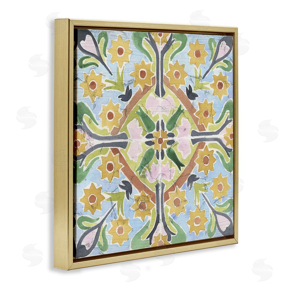 June Erica Vess Balanced Florals Vintage Tile Gold Floating Frame Canvas Wall Art Print