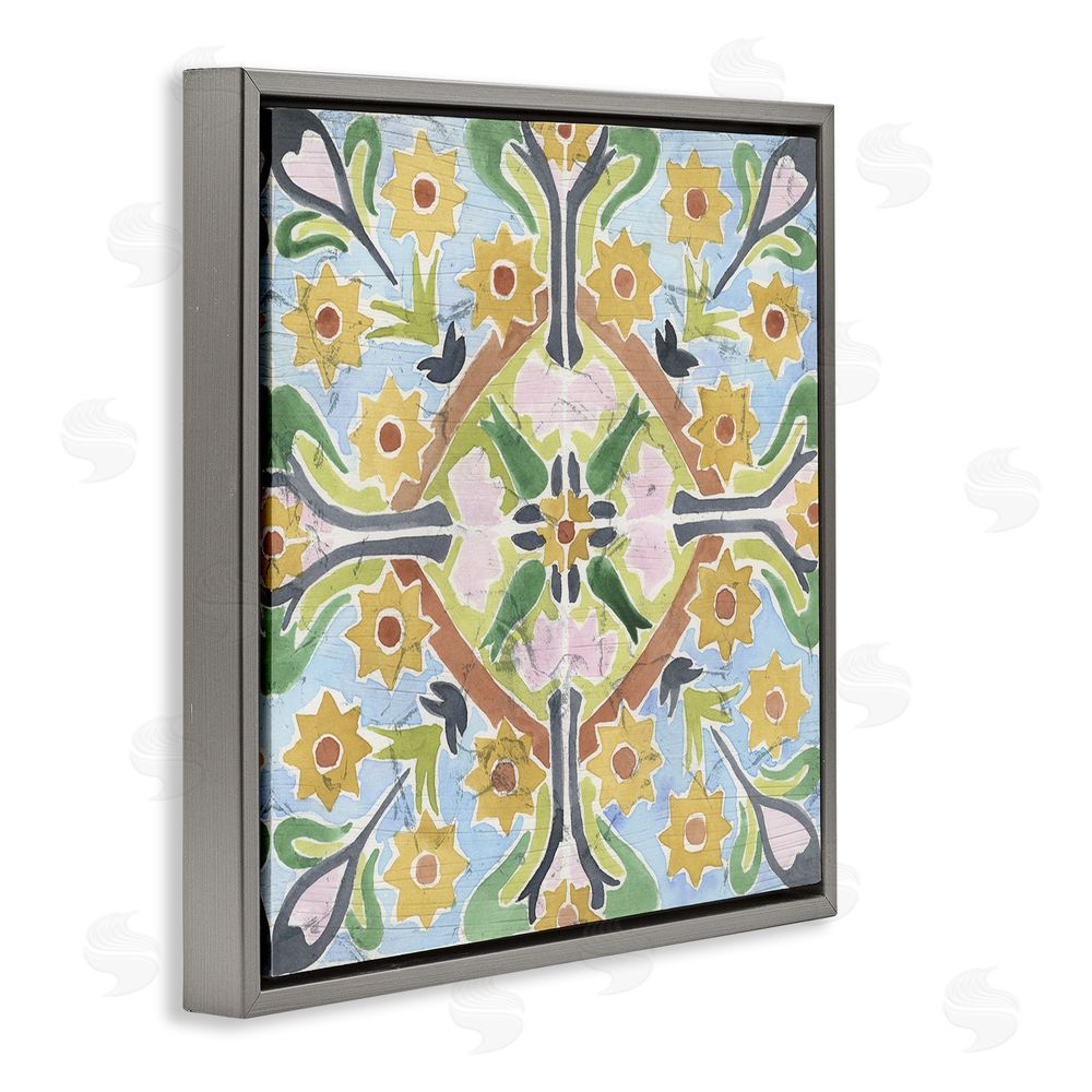 June Erica Vess Balanced Florals Vintage Tile Gray Floating Frame Canvas Wall Art Print