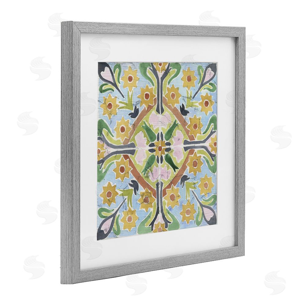 June Erica Vess Balanced Florals Vintage Tile Gray Framed Print Under Glass Wall Art